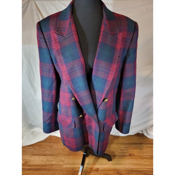 VTG Giorgio Sant'Angelo Red Green Plaid Wool Blazer 12 Preppy Equestrian  Read - Picture 1 of 8